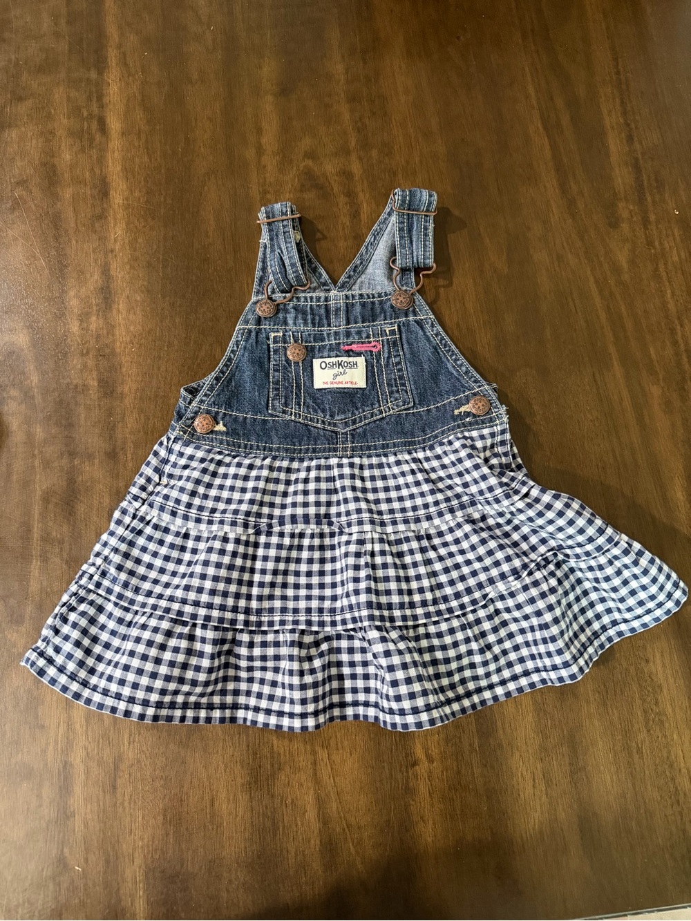 OshKosh B'gosh Denim Bib Overall Dress with Navy Gingham Skirt